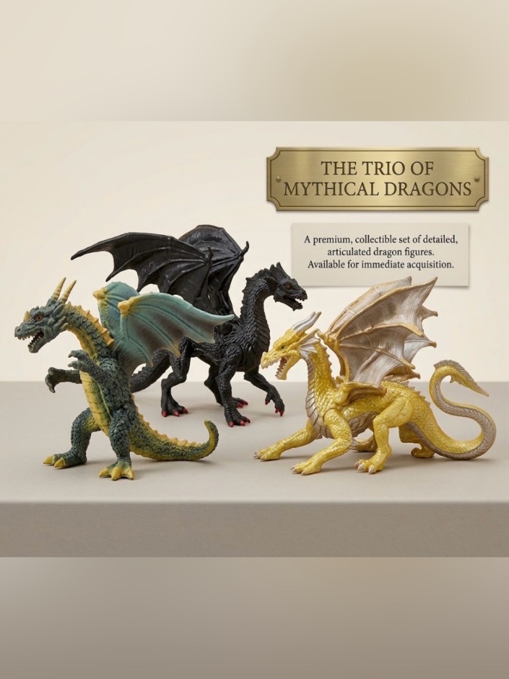 Mythical Dragon Trio Decorative Figurines - Gold, Black, Teal